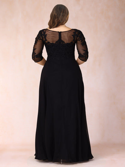 Robe de Soirée Longue Trapèze/Princesse, Col en V, Manches 3/4, Grande Taille avec Perles et Appliques