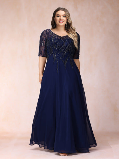 Robe de Soirée Longue Trapèze/Princesse à Col en V et Manches Mi-Longues, Grande Taille avec Perles