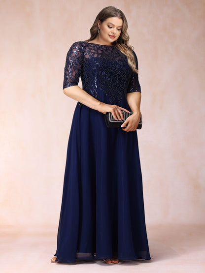 Robe de Soirée Longue Trapèze/Princesse à Col Transparent et Manches Mi-Longues, Grande Taille avec Perles et Paillettes
