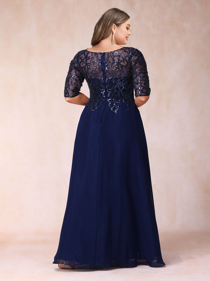 Robe de Soirée Longue Trapèze/Princesse à Col Transparent et Manches Mi-Longues, Grande Taille avec Perles et Paillettes