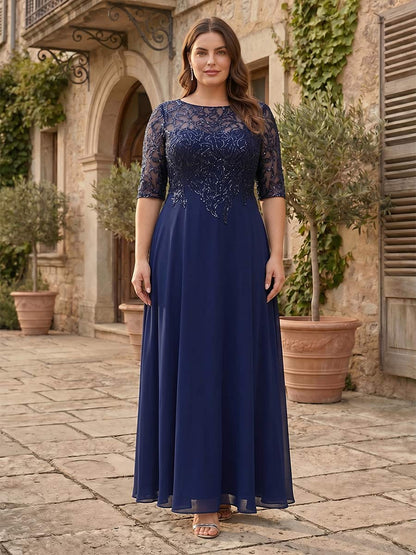 Robe Mère de la Mariée Grande Taille Ligne A/Princesse Col Illusion Demi-manches avec Perles & Paillettes