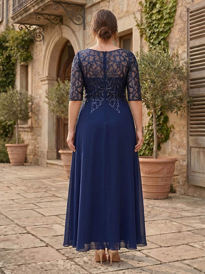 Robe Mère de la Mariée Grande Taille Ligne A/Princesse Col Illusion Demi-manches avec Perles & Paillettes