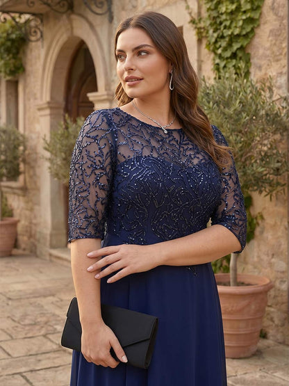 Robe Mère de la Mariée Grande Taille Ligne A/Princesse Col Illusion Demi-manches avec Perles & Paillettes