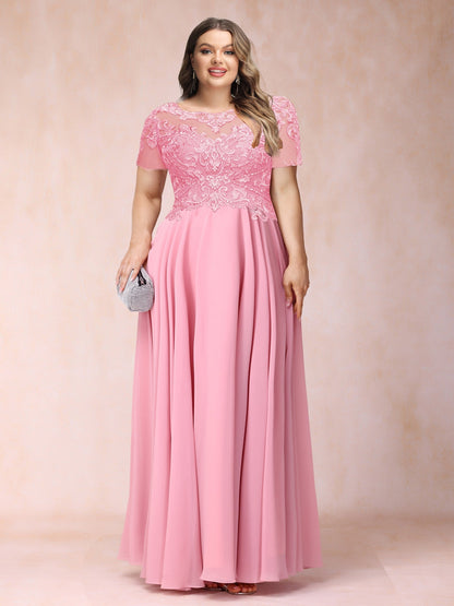Robe de Soirée Trapèze/Princesse à Col Transparent et Manches Courtes, Longue, Grande Taille avec Paillettes et Appliqués