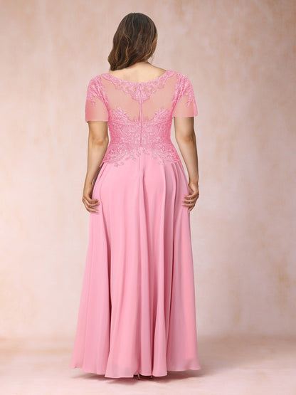 Robe de Soirée Trapèze/Princesse à Col Transparent et Manches Courtes, Longue, Grande Taille avec Paillettes et Appliqués