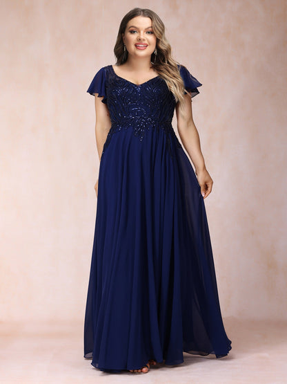 Robe de Soirée Trapèze/Princesse, Col en V, Manches Courtes, Longue, Formelle, Grande Taille avec Perles et Paillettes