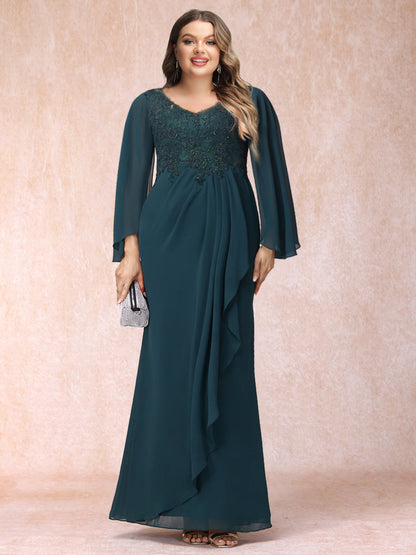 Robe de Soirée Grande Taille, Coupe Fourreau/Colonne, Col en V, Manches Longues, Paillettes et Appliqués
