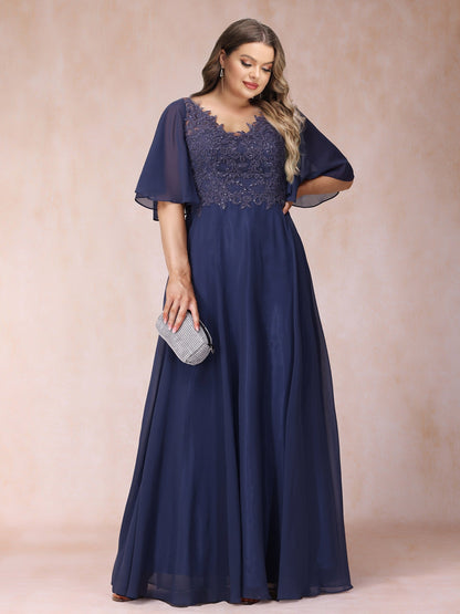 Robe de Soirée Longue Trapèze/Princesse à Col en V et Manches Mi-Longues, Grande Taille avec Perles et Appliques