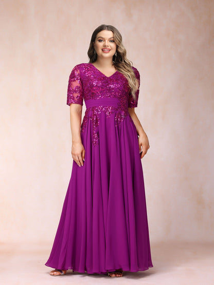 Robe de Soirée Longue Trapèze/Princesse à Col en V et Manches Mi-Longues, Grande Taille avec Paillettes
