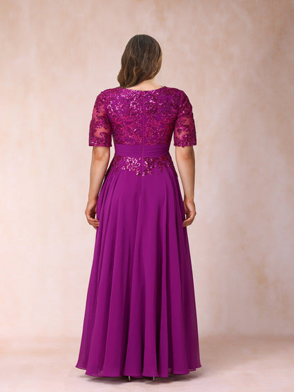 Robe de Soirée Longue Trapèze/Princesse à Col en V et Manches Mi-Longues, Grande Taille avec Paillettes