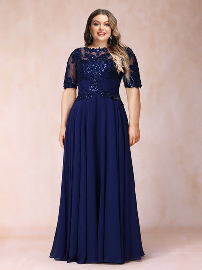 Robe de Soirée Longue Trapèze/Princesse à Col Transparent et Manches Mi-Longues, Grande Taille avec Paillettes