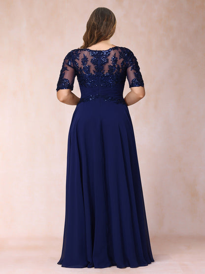 Robe de Soirée Longue Trapèze/Princesse à Col Transparent et Manches Mi-Longues, Grande Taille avec Paillettes