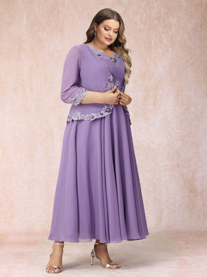 Robe de Soirée Longue Trapèze/Princesse, Col en V, Sans Manches, Grande Taille avec Appliques et Veste