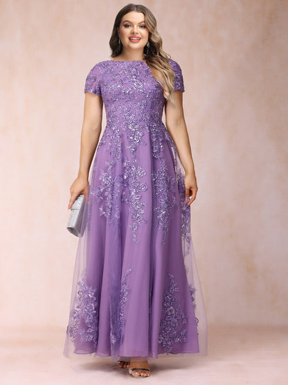 Robe de Soirée Trapèze/Princesse à Col Transparent et Manches Courtes, Longue et Formelle, Grande Taille avec Applications