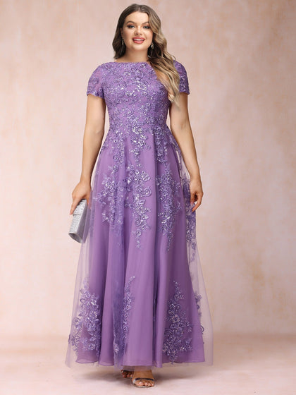 Robe de Soirée Trapèze/Princesse à Col Transparent et Manches Courtes, Longue et Formelle, Grande Taille avec Applications