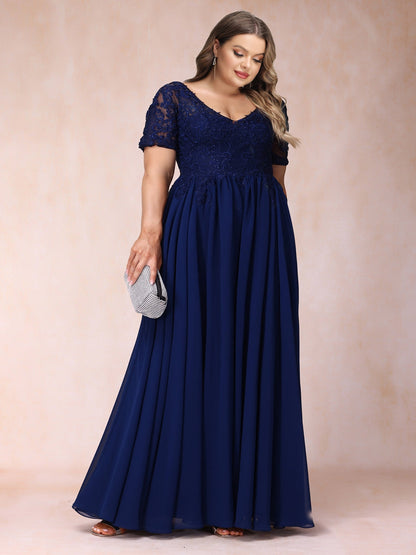 Robe de Soirée Trapèze/Princesse, Col en V, Manches Courtes, Longue, Formelle, Grande Taille avec Perles et Appliques