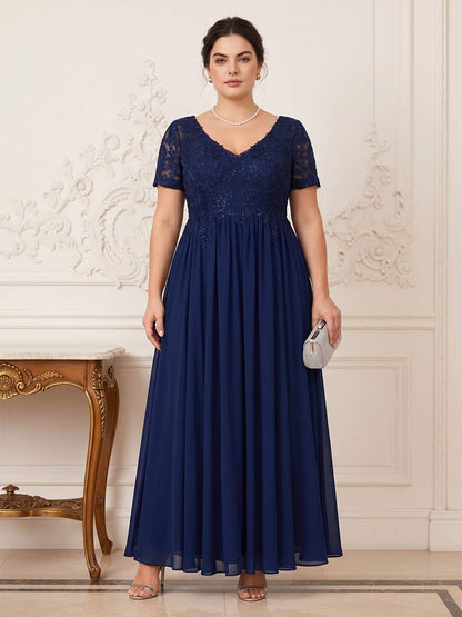 Robe Formelle Longue Mère de la Mariée Grande Taille Ligne A/Princesse Col en V Manches Courtes avec Perles & Appliques