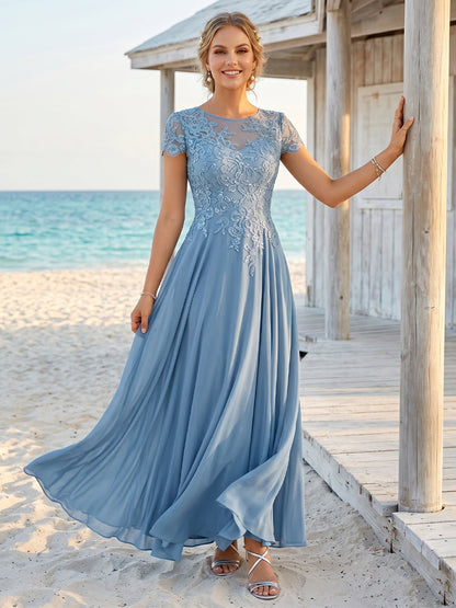 Ligne A/Princesse Col Transparent Manches Courtes Robes Longues Mère de la Mariée avec Appliques