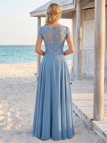 Ligne A/Princesse Col Transparent Manches Courtes Robes Longues Mère de la Mariée avec Appliques