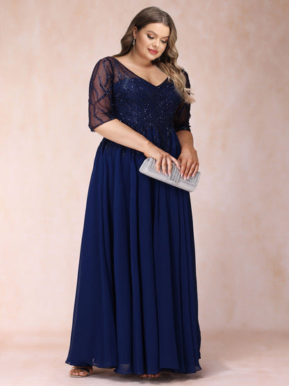 Robe de Soirée Longue Trapèze/Princesse à Col en V et Manches Mi-Longues, Grande Taille avec Perles