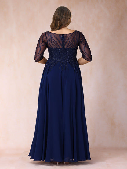 Robe de Soirée Longue Trapèze/Princesse à Col en V et Manches Mi-Longues, Grande Taille avec Perles