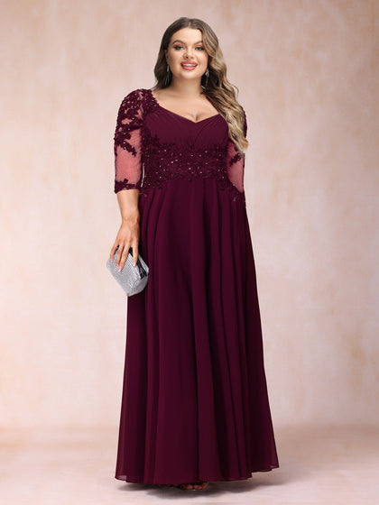Robe de Soirée Longue Grande Taille, Coupe Trapèze/Princesse, Col en V, Manches 3/4 avec Perles