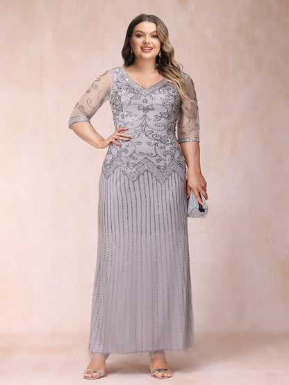 Robe de Soirée Longue Grande Taille, Coupe Fourreau/Colonne, Col en V, Manches 3/4 avec Perles et Paillettes