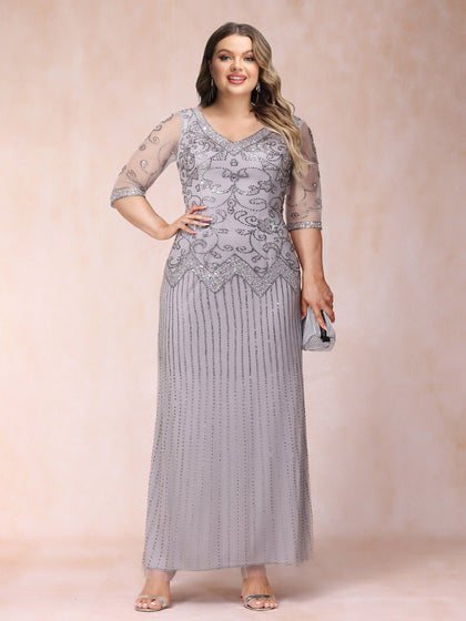 Robe de Soirée Longue Grande Taille, Coupe Fourreau/Colonne, Col en V, Manches 3/4 avec Perles et Paillettes