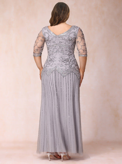 Robe de Soirée Longue Grande Taille, Coupe Fourreau/Colonne, Col en V, Manches 3/4 avec Perles et Paillettes