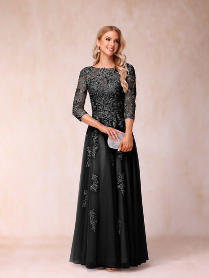 Forme Princesse Col Transparent Demi Manches Longue Robes de Soirée Formel avec Billes et Appliques