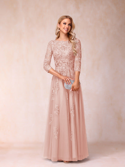 Forme Princesse Col Transparent Demi Manches Longue Robes de Soirée Formel avec Billes et Appliques