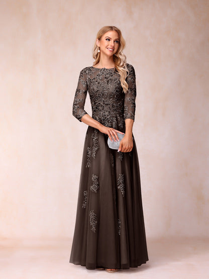 Forme Princesse Col Transparent Demi Manches Longue Robes de Soirée Formel avec Billes et Appliques
