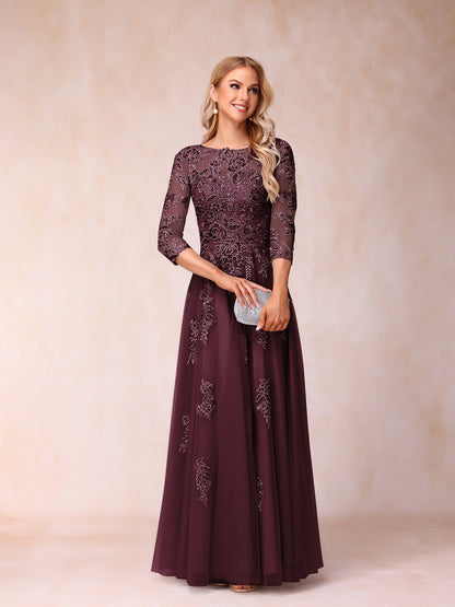 Forme Princesse Col Transparent Demi Manches Longue Robes de Soirée Formel avec Billes et Appliques