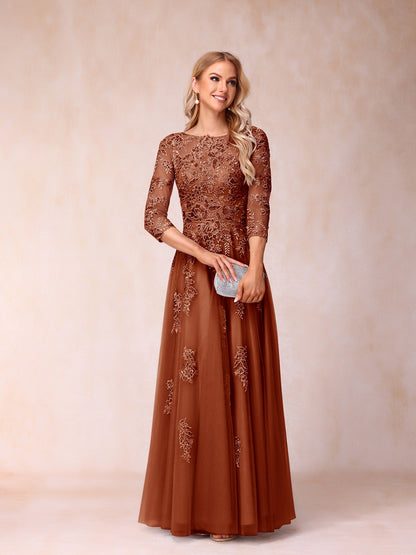Forme Princesse Col Transparent Demi Manches Longue Robes de Soirée Formel avec Billes et Appliques