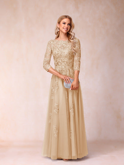 Forme Princesse Col Transparent Demi Manches Longue Robes de Soirée Formel avec Billes et Appliques