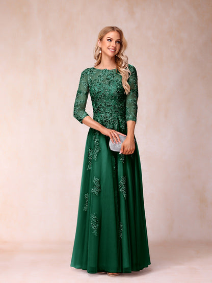 Forme Princesse Col Transparent Demi Manches Longue Robes de Soirée Formel avec Billes et Appliques