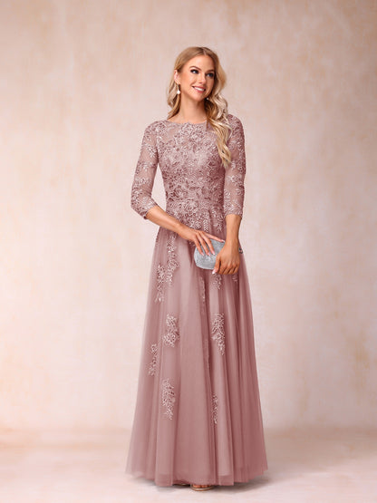 Forme Princesse Col Transparent Demi Manches Longue Robes de Soirée Formel avec Billes et Appliques
