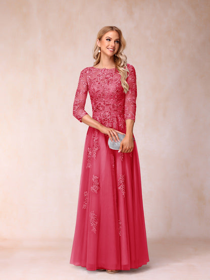 Forme Princesse Col Transparent Demi Manches Longue Robes de Soirée Formel avec Billes et Appliques