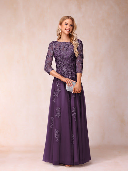 Forme Princesse Col Transparent Demi Manches Longue Robes de Soirée Formel avec Billes et Appliques