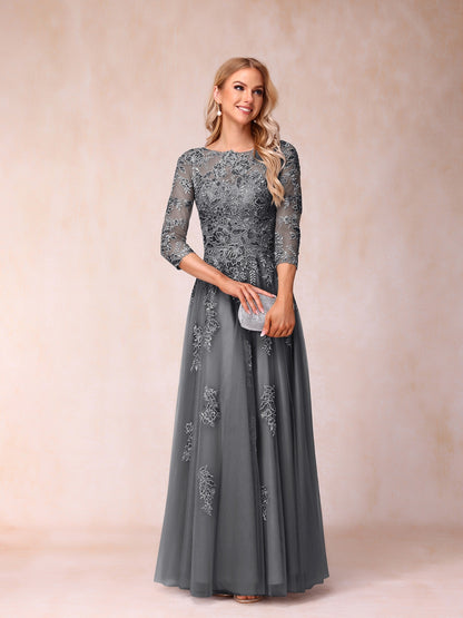 Forme Princesse Col Transparent Demi Manches Longue Robes de Soirée Formel avec Billes et Appliques