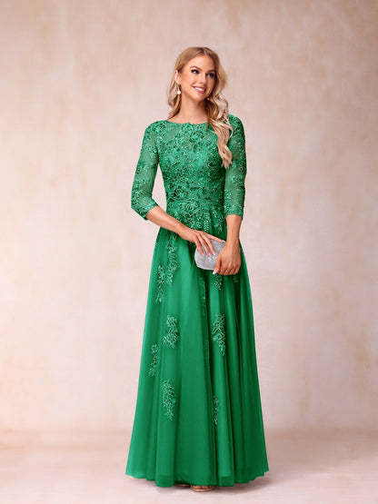 Forme Princesse Col Transparent Demi Manches Longue Robes de Soirée Formel avec Billes et Appliques
