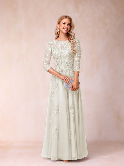 Forme Princesse Col Transparent Demi Manches Longue Robes de Soirée Formel avec Billes et Appliques