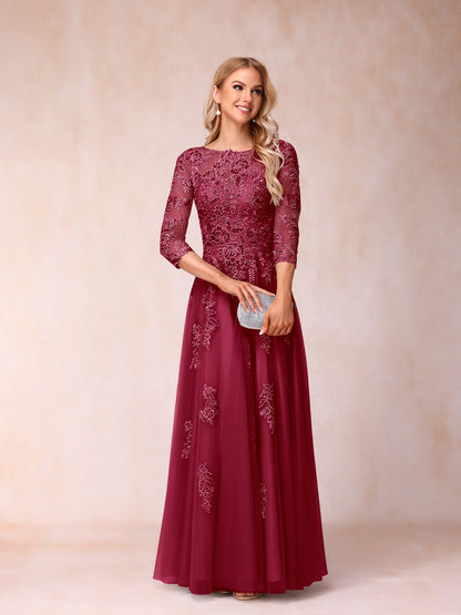 Forme Princesse Col Transparent Demi Manches Longue Robes de Soirée Formel avec Billes et Appliques