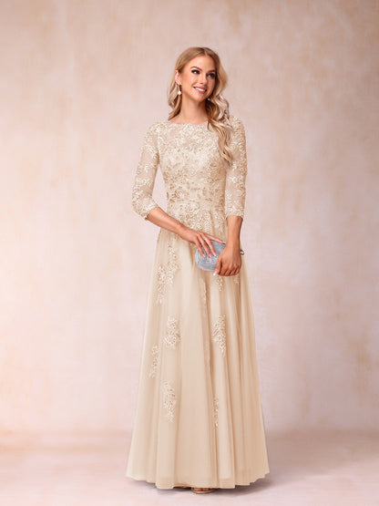 Forme Princesse Col Transparent Demi Manches Longue Robes de Soirée Formel avec Billes et Appliques