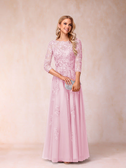 Forme Princesse Col Transparent Demi Manches Longue Robes de Soirée Formel avec Billes et Appliques