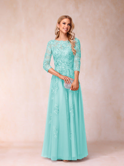 Forme Princesse Col Transparent Demi Manches Longue Robes de Soirée Formel avec Billes et Appliques