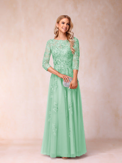 Forme Princesse Col Transparent Demi Manches Longue Robes de Soirée Formel avec Billes et Appliques