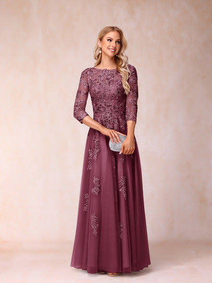 Forme Princesse Col Transparent Demi Manches Longue Robes de Soirée Formel avec Billes et Appliques