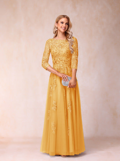 Forme Princesse Col Transparent Demi Manches Longue Robes de Soirée Formel avec Billes et Appliques