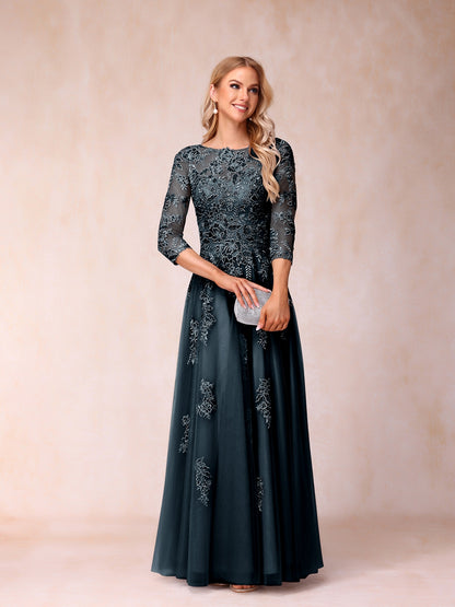 Forme Princesse Col Transparent Demi Manches Longue Robes de Soirée Formel avec Billes et Appliques